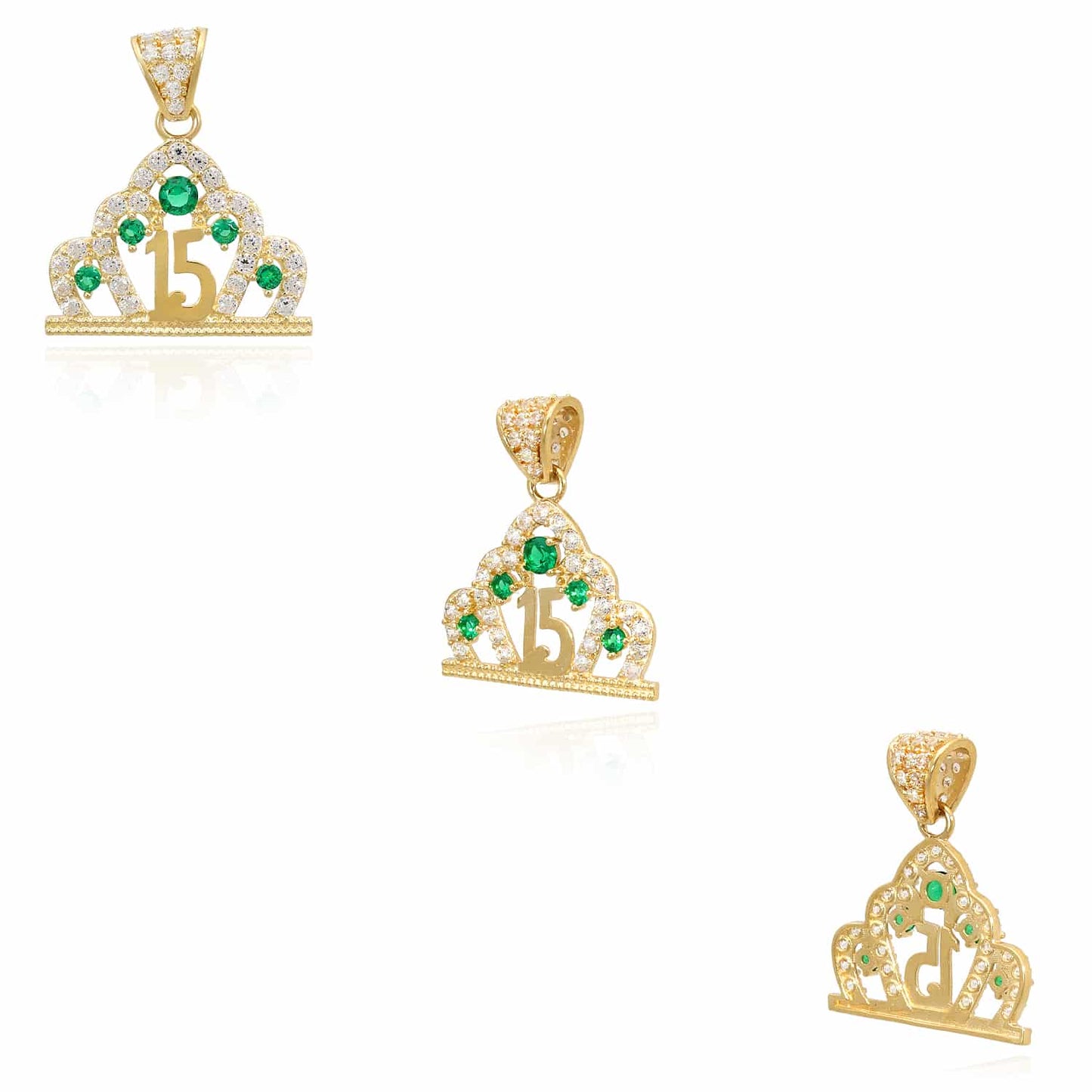 14K Real Gold CZ Crown Girl's 15th Birthday Quinceañera Pendant