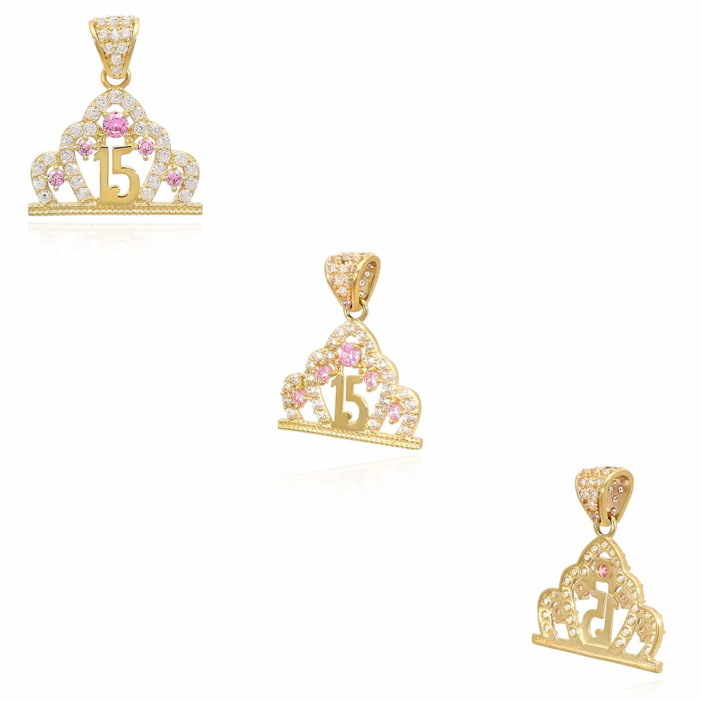 14K Real Gold CZ Crown Girl's 15th Birthday Quinceañera Pendant