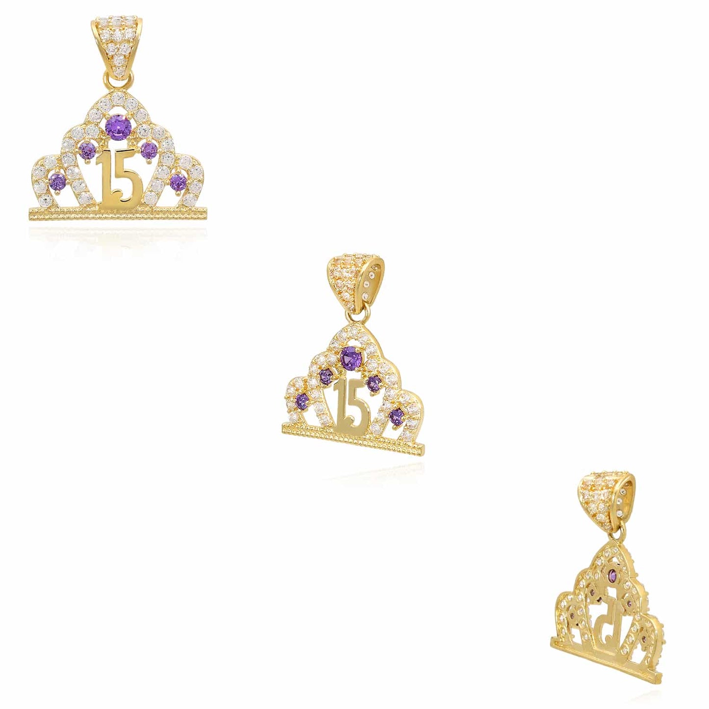 14K Real Gold CZ Crown Girl's 15th Birthday Quinceañera Pendant