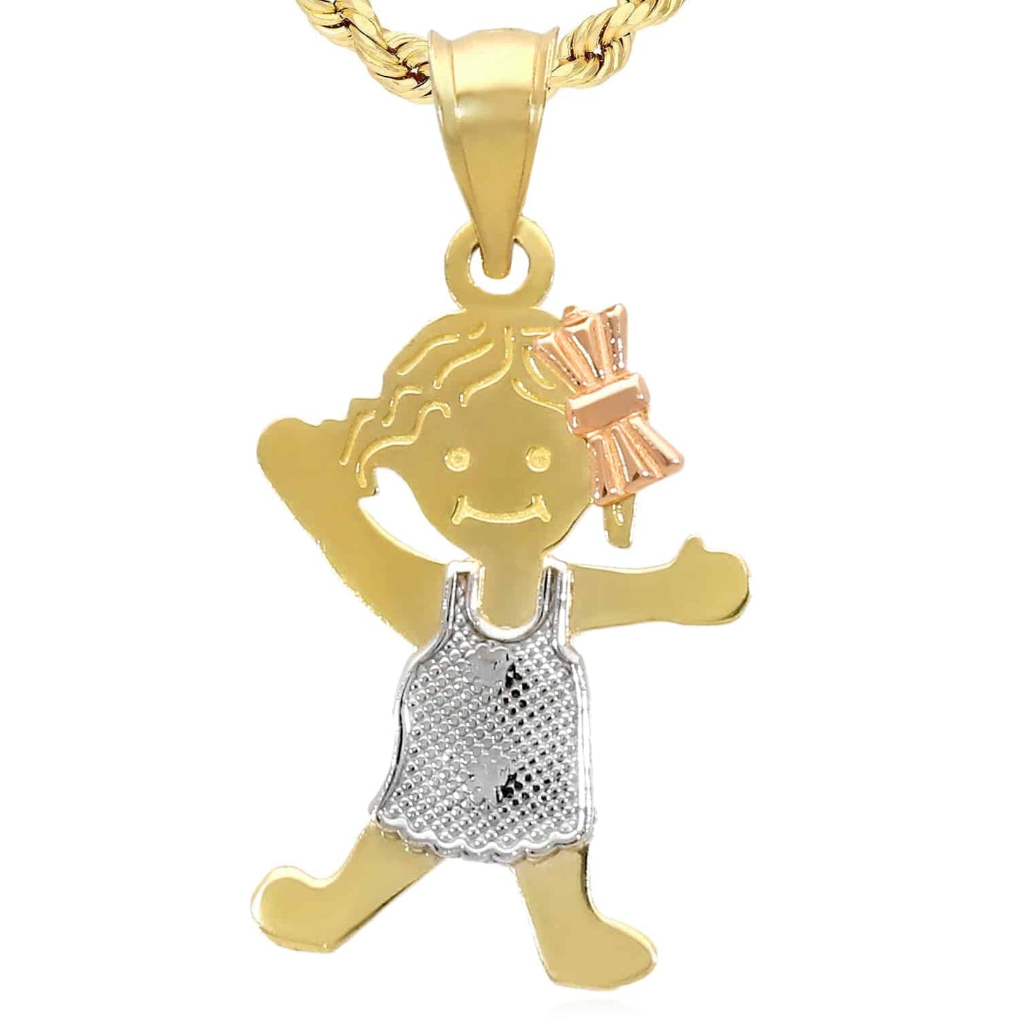 14K Real Gold Tri-Color White Rose Boy or Girl Pendant 0.9"