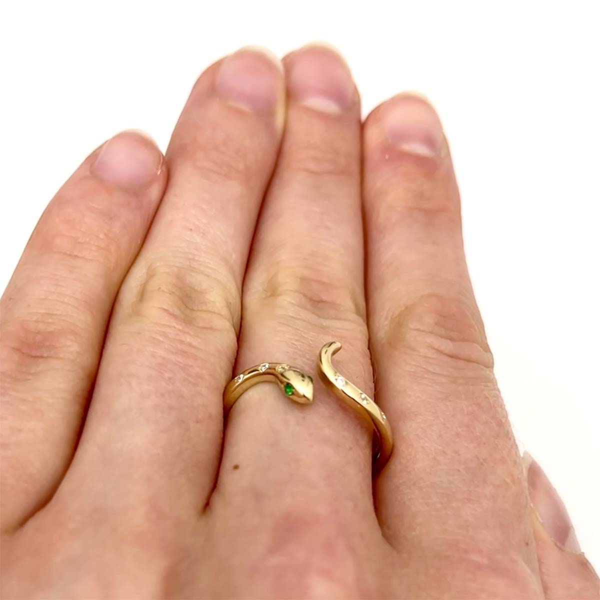 14K Real Gold CZ Green Emerald Eyes Snake Cocktail Ring