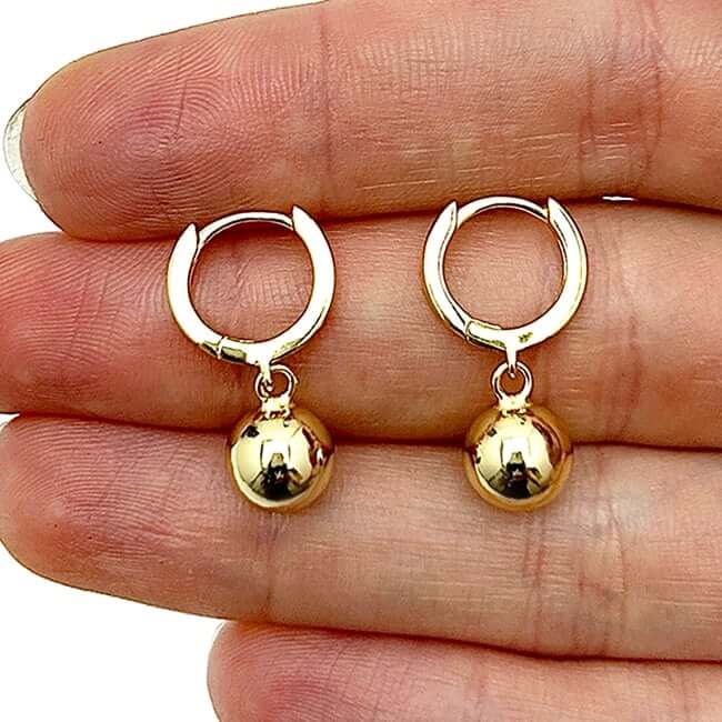 18K Yellow Gold Over Sterling Silver 8mm Drop Ball Earrings 20mm