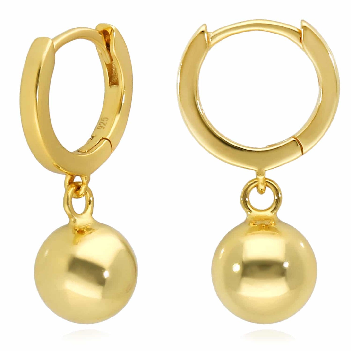 18K Yellow Gold Over Sterling Silver 8mm Drop Ball Earrings 20mm