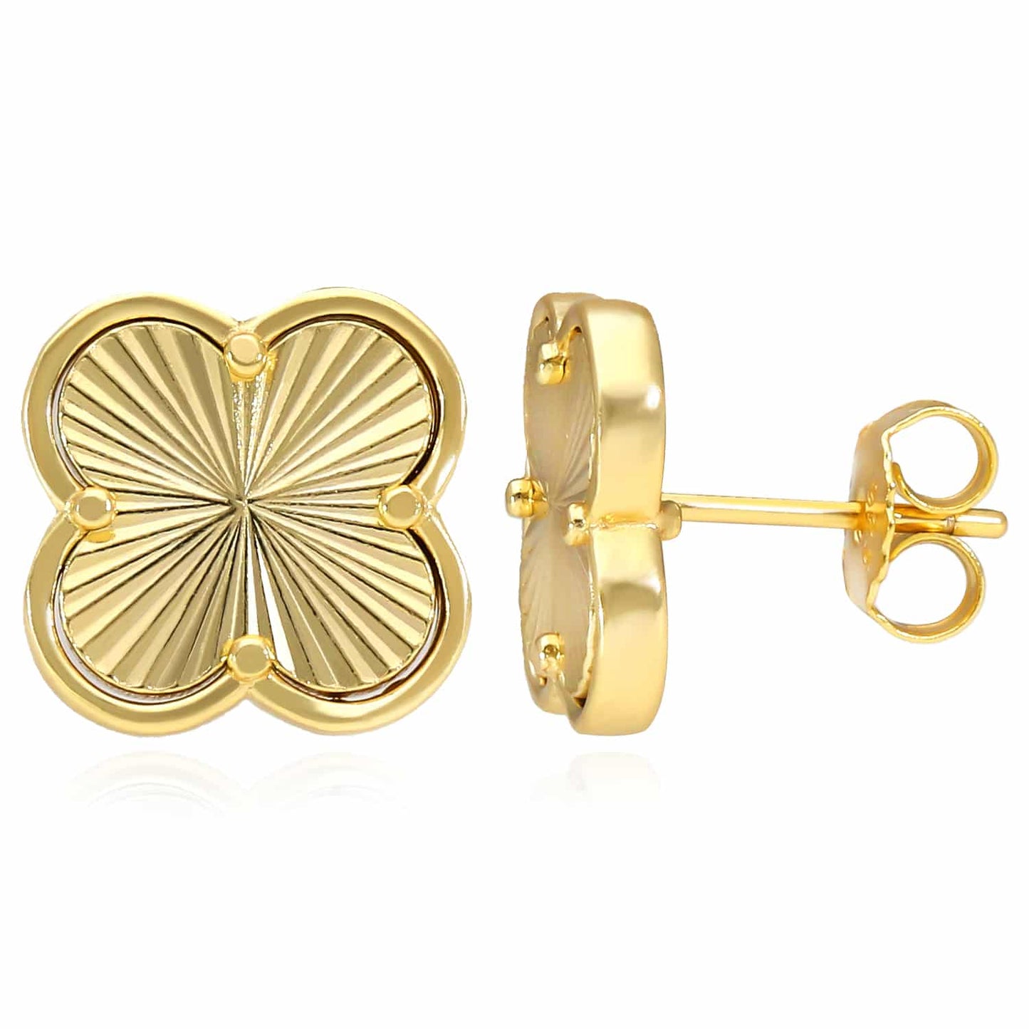 18K Gold Over Sterling Silver Diamond-Cut Clover Leaf Stud Earrings 12mm