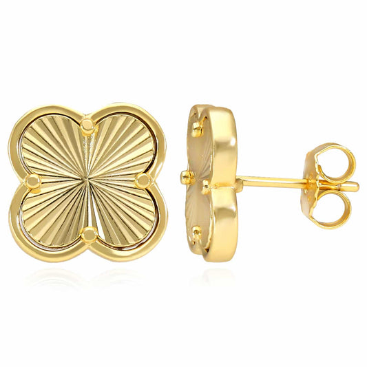 18K Gold Over Sterling Silver Diamond-Cut Clover Leaf Stud Earrings 12mm