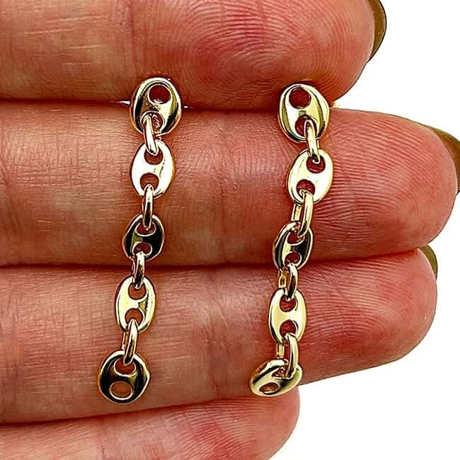 18K Gold Over Sterling Silver Puffed Mariner Drop Chain Earrings 36mm