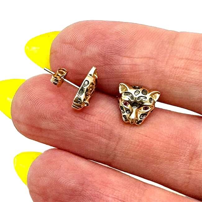 14K Real Gold CZ Ruby Eyes Leopard Stud Earrings 8.5mm