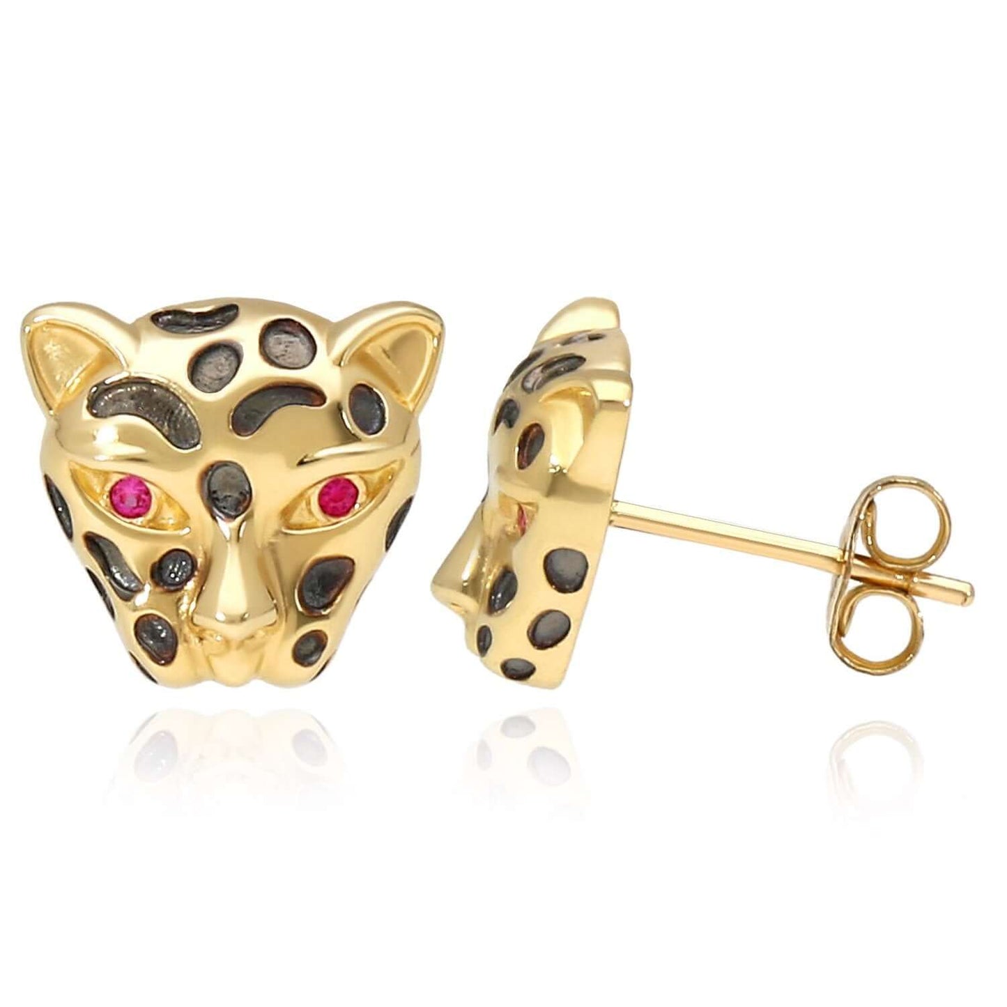 14K Real Gold CZ Ruby Eyes Leopard Stud Earrings 8.5mm