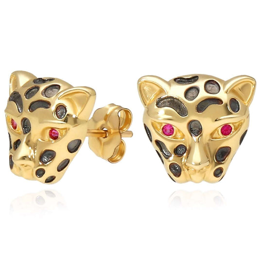 14K Gold CZ Ruby Eyes Leopard Stud Earrings 8.5mm