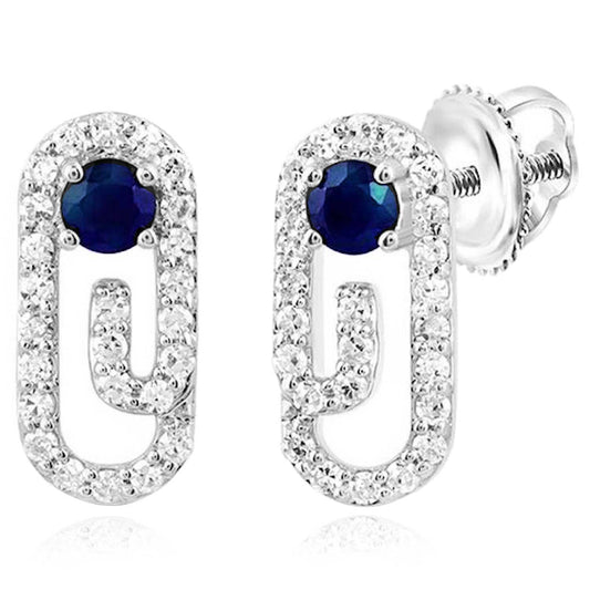 Natural Diamond Natural Blue Sapphire 10K Gold White Stud Paperclip Earrings