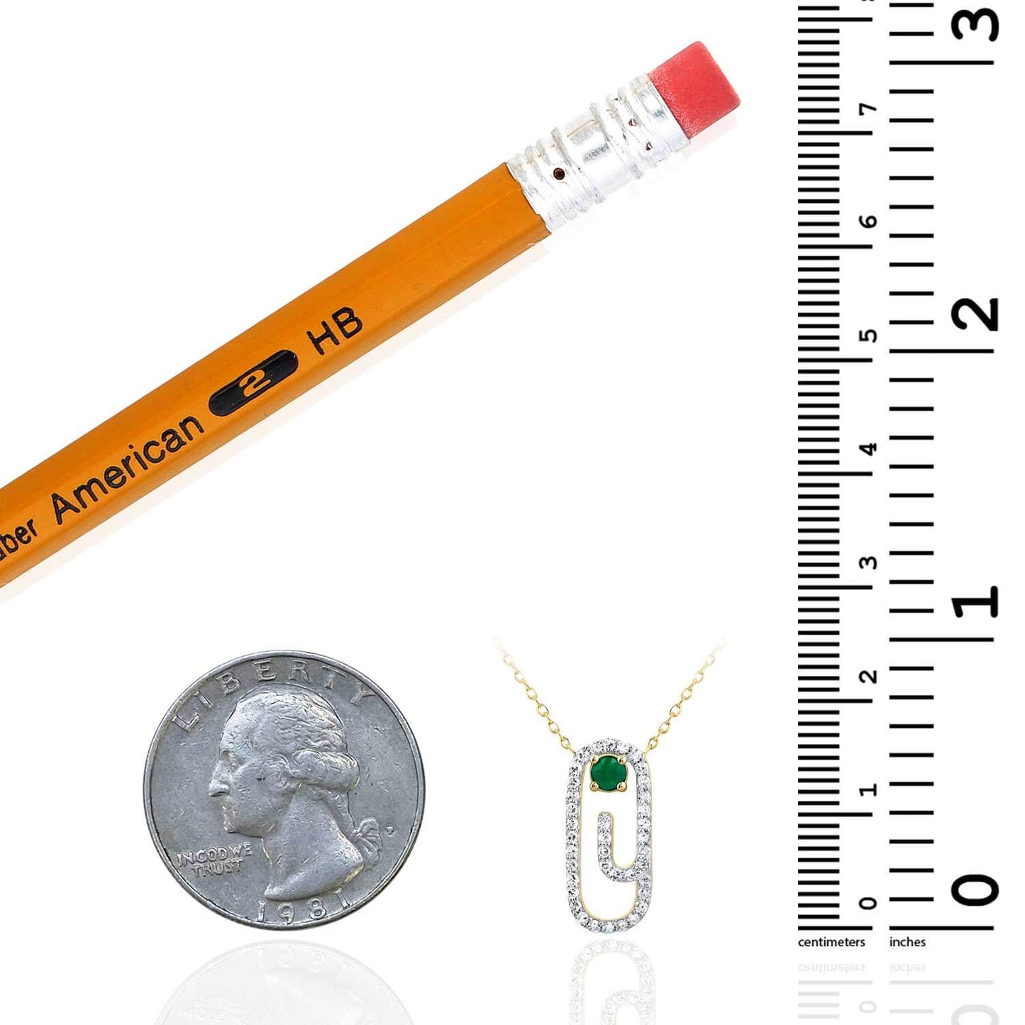 Real Diamond Natural Green Emerald 10K Real Gold Paperclip Pendant Necklace 18"