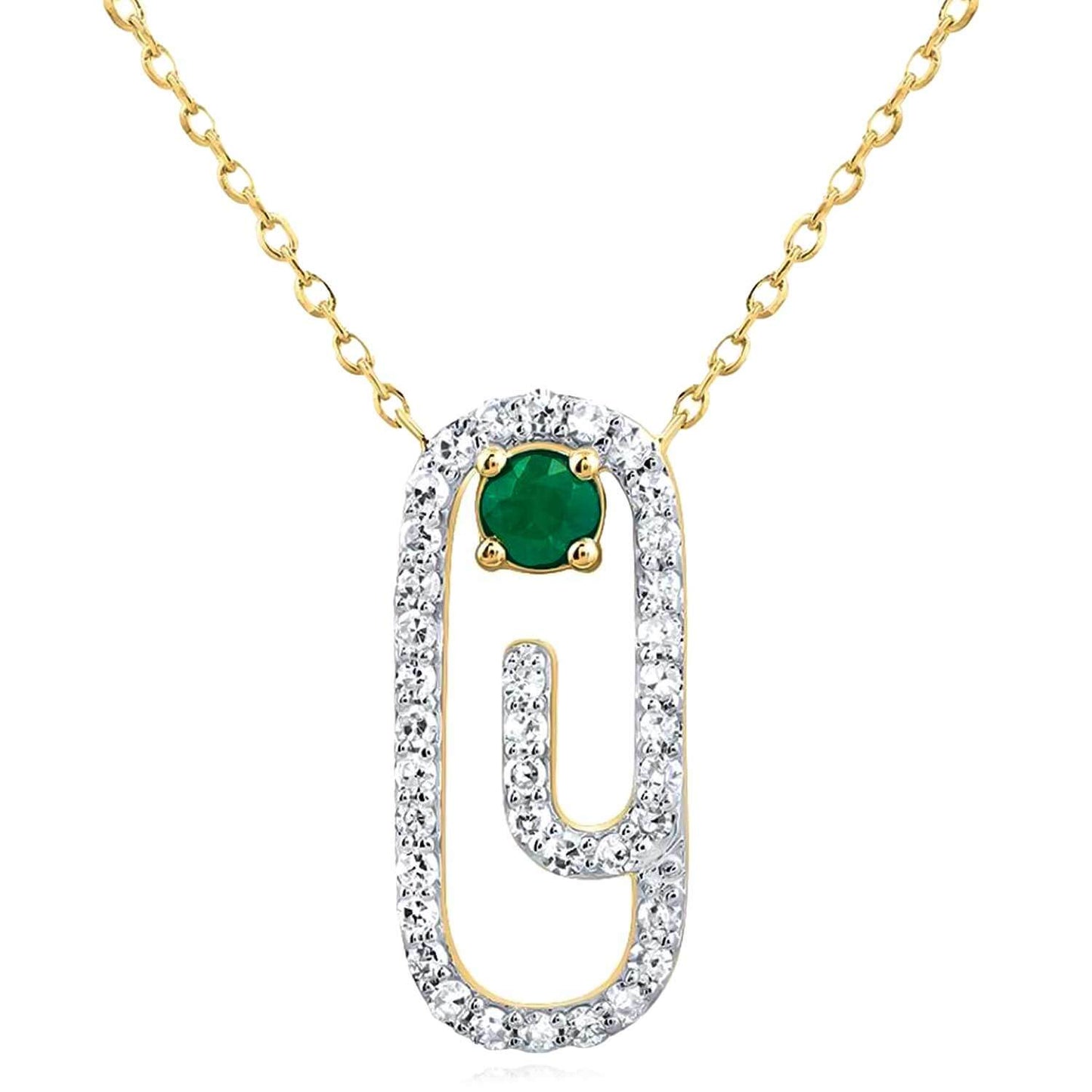 Real Diamond Natural Green Emerald 10K Real Gold Paperclip Pendant Necklace 18"