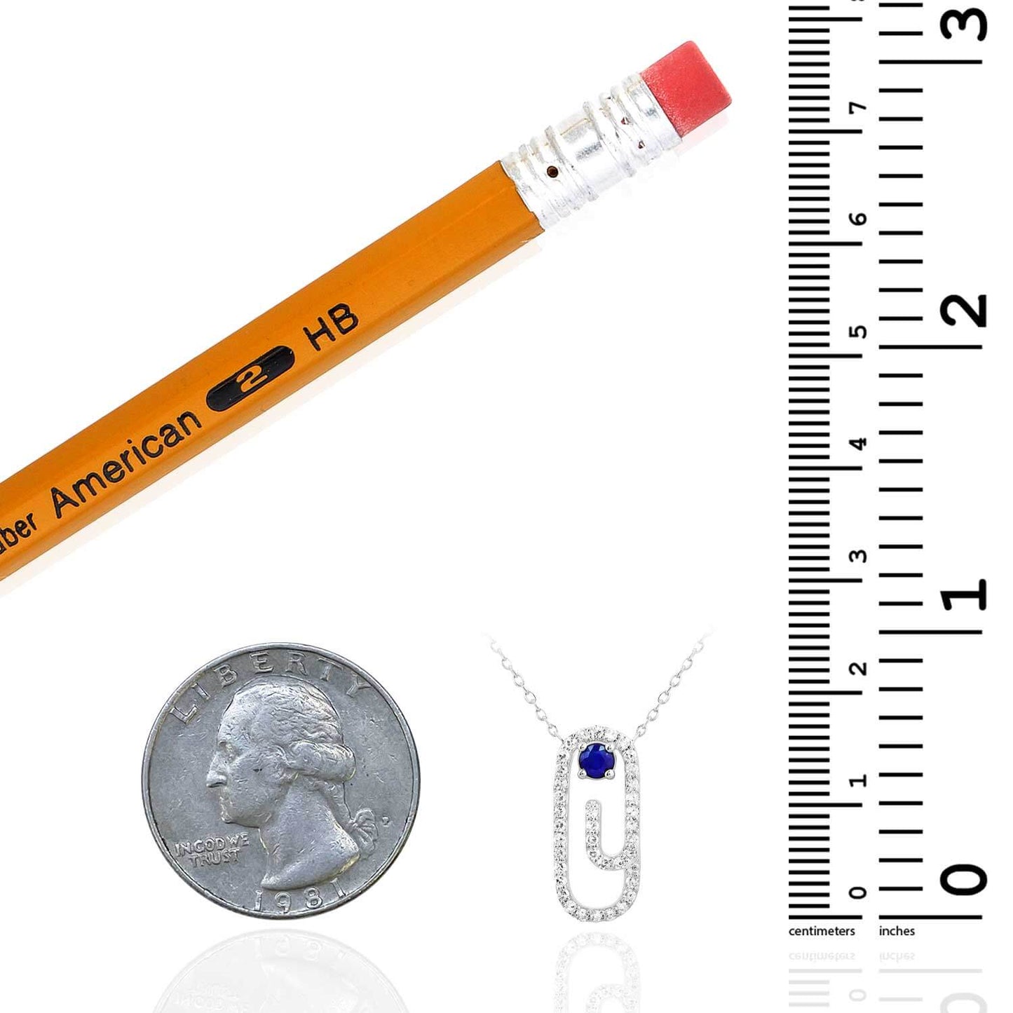 Real Diamond Natural Blue Sapphire 10K White Gold Paperclip Pendant Necklace 18"