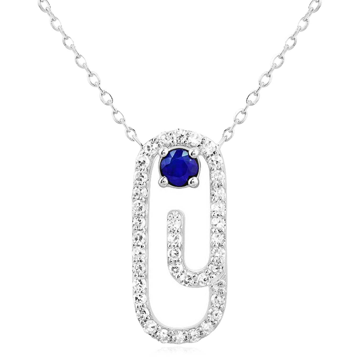 Real Diamond Natural Blue Sapphire 10K White Gold Paperclip Pendant Necklace 18"