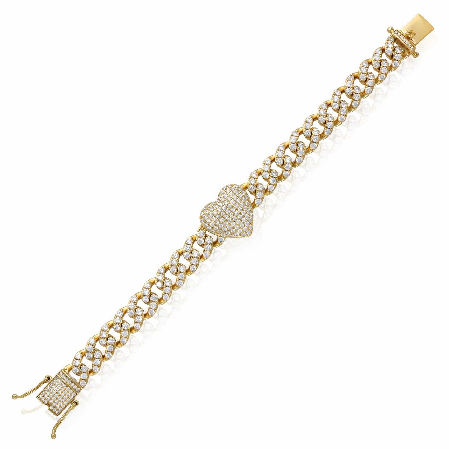 18K Gold Over Sterling Silver Heart CZ Miami Cuban Bracelet 7" 8"