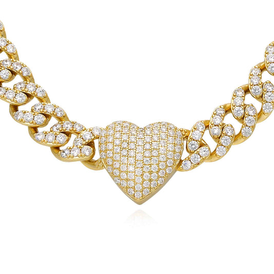 18K Yellow Gold Over Sterling Silver Heart CZ Miami Cuban Necklace (Solid Links) 16"-20"