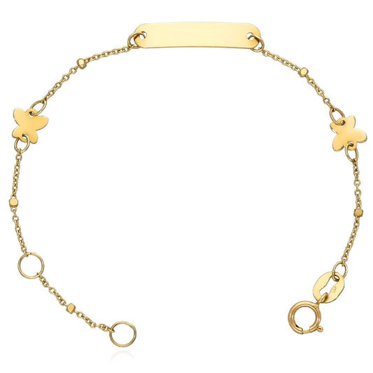 Kids 14K Yellow Gold Engravable ID Bar Butterfly Bracelet (Solid Links) 4.75"-5.5" Adjustable