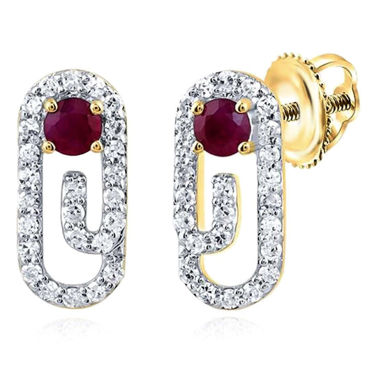 0.32CTW Natural Diamond 10K Gold Real Ruby Stud Paperclip Earrings 4.5mm