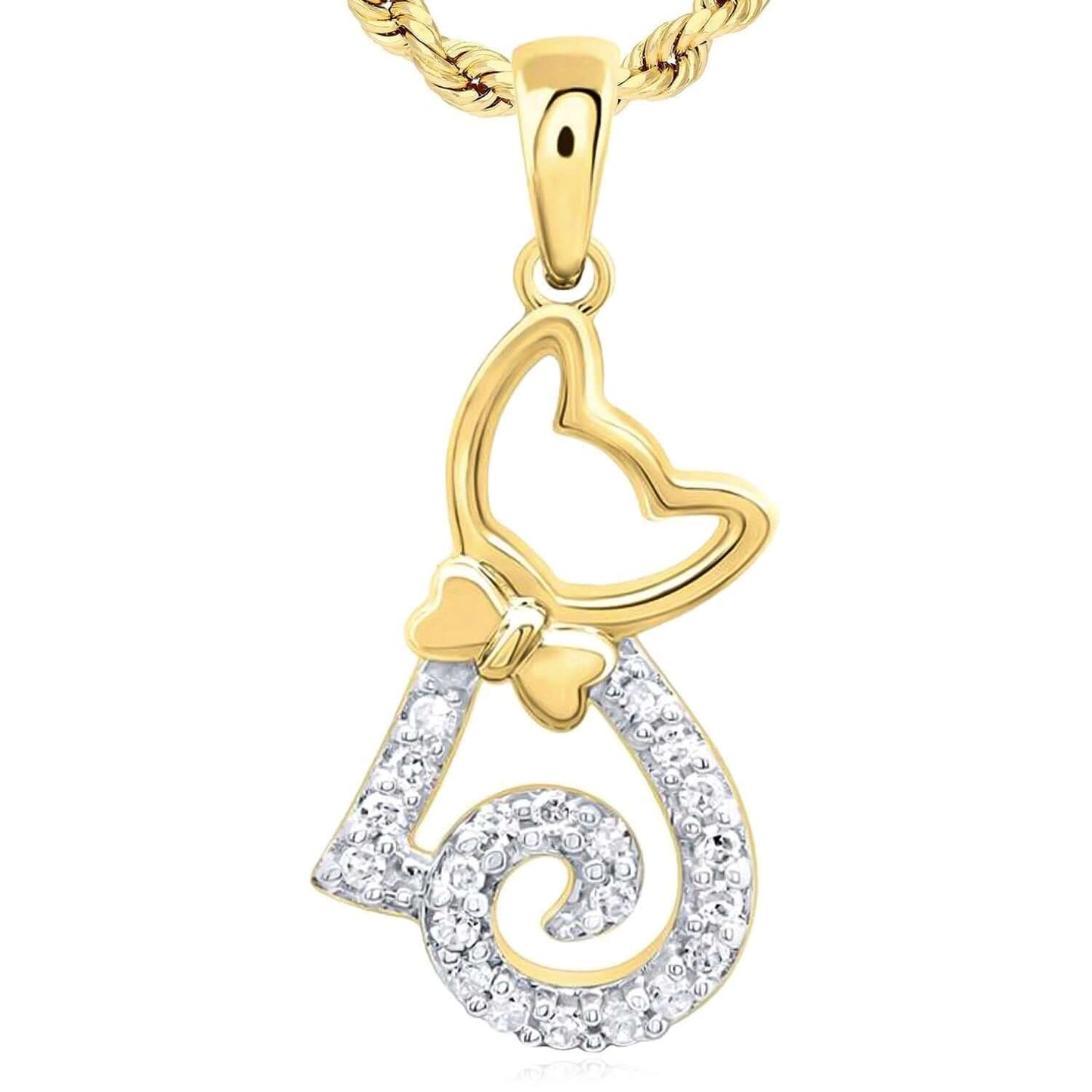 0.10CTW Real Diamond 10K Real Gold Yellow White Bowtie Cat Pendant 0.6"