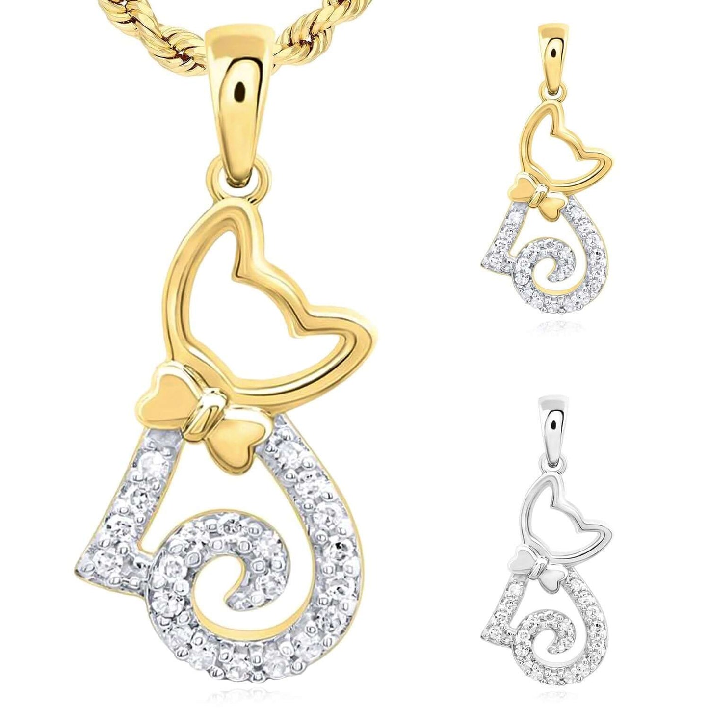 0.10CTW Real Diamond 10K Real Gold Yellow White Bowtie Cat Pendant 0.6"