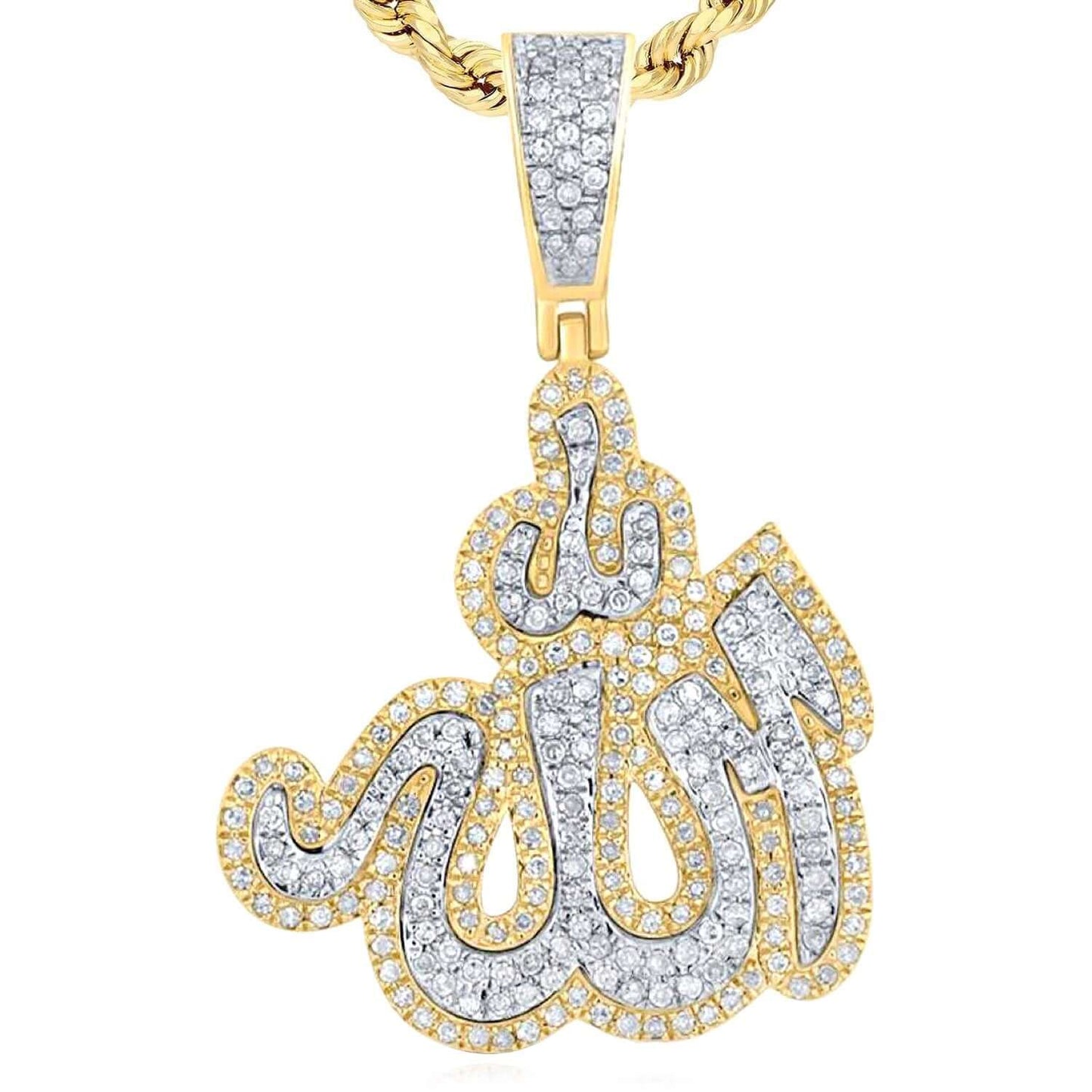 0.75CTW Real Diamond 10K Real Gold Pave Islam Allah Pendant 1.3"