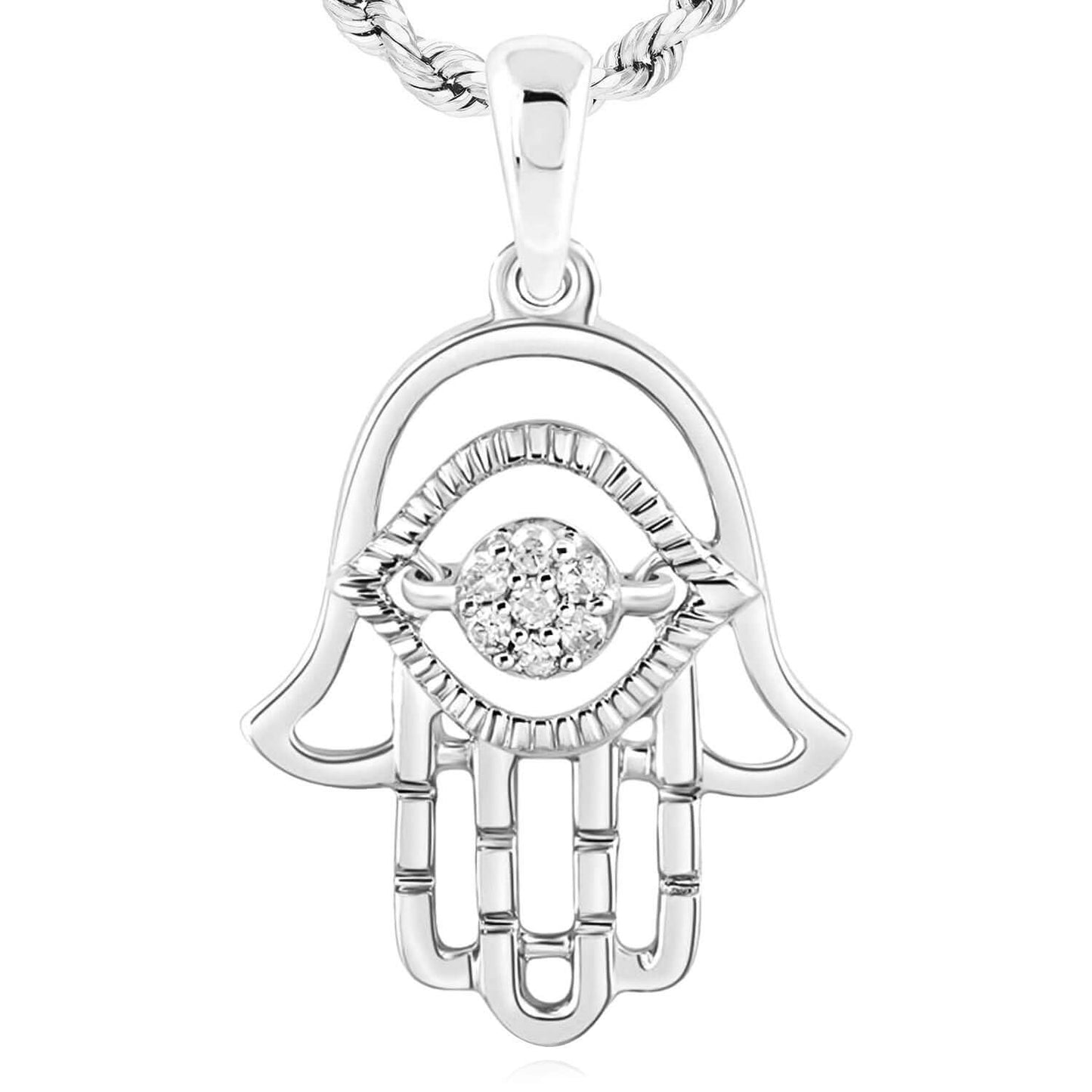 0.05CTW Real Diamond 10K Real Gold Yellow White Hamsa Eye Pendant 0.94"