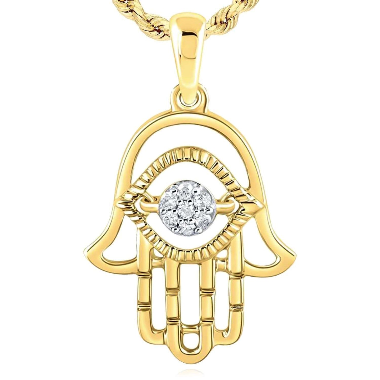 0.05CTW Real Diamond 10K Real Gold Yellow White Hamsa Eye Pendant 0.94"