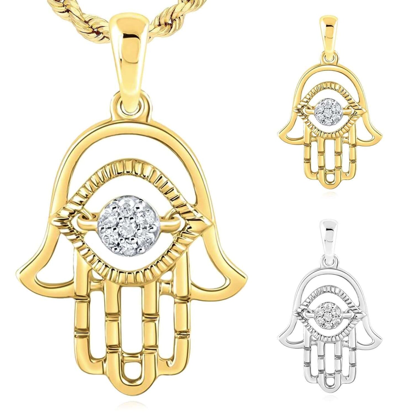 0.05CTW Real Diamond 10K Real Gold Yellow White Hamsa Eye Pendant 0.94"