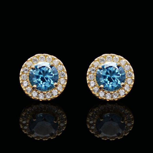 1.30Ct CZ Aquamarine 14K Yellow Gold Round Halo Stud Earrings