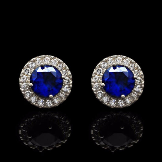 14K White Gold 1.30Ct Blue Sapphire Round CZ Halo Stud Earrings