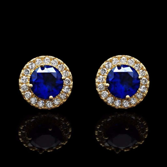 1.30Ct CZ 14K Yellow Gold Blue Sapphire Round Halo Stud Earrings