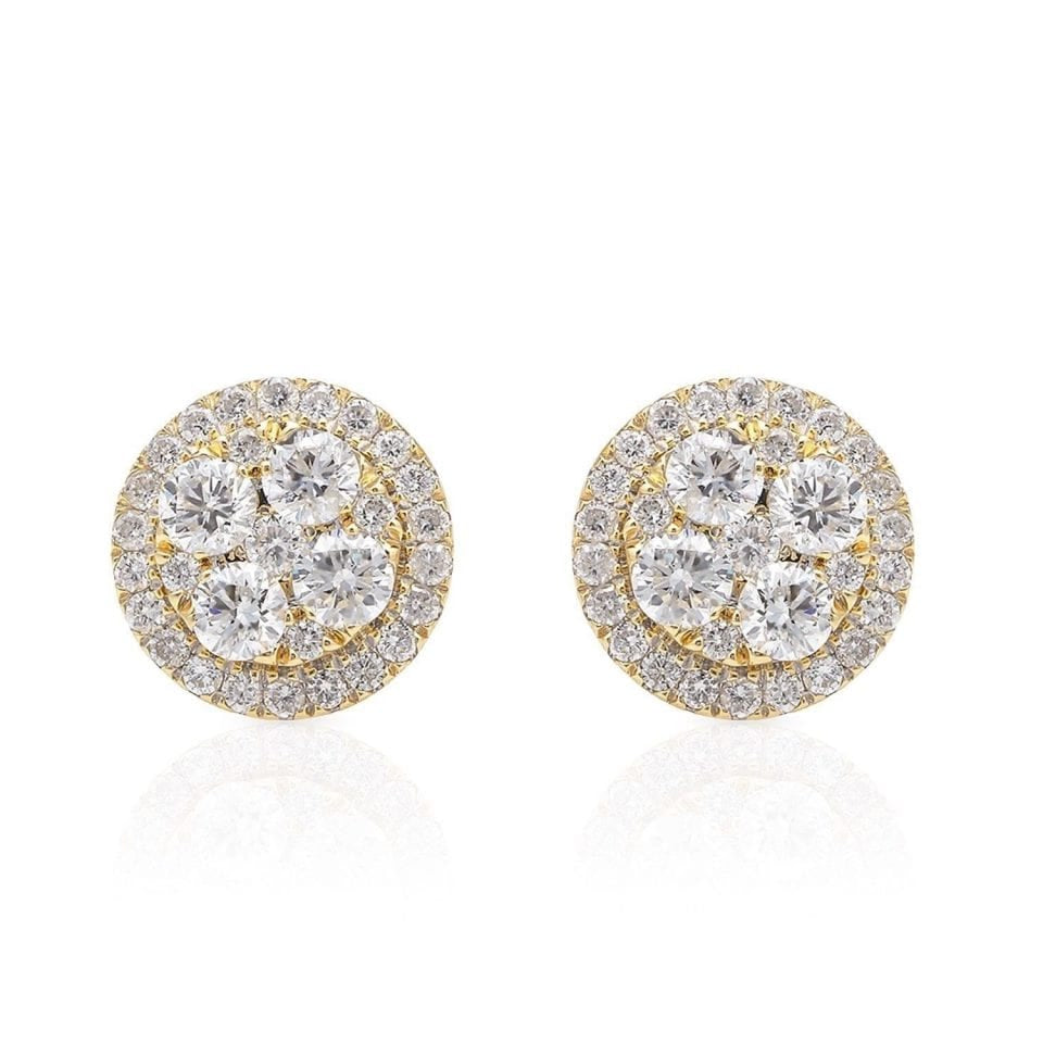 1.30Ct Real Diamond 18K Yellow Gold Pave Halo Round Studs Cluster Earrings