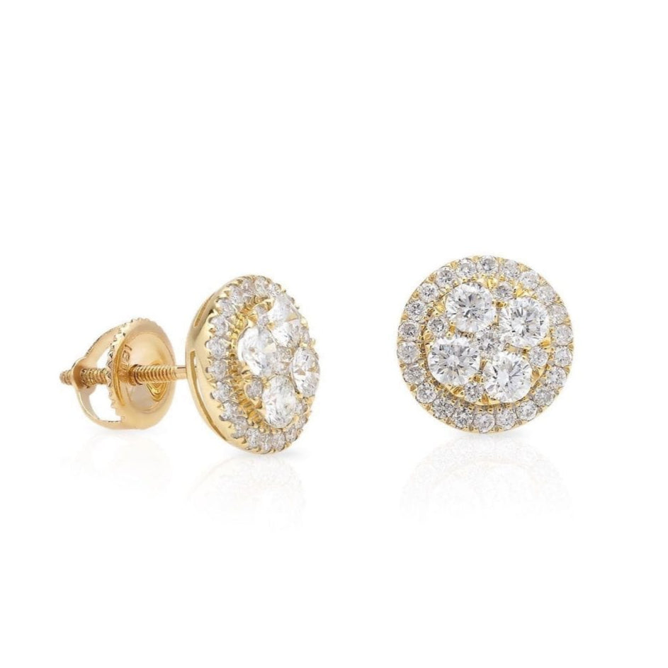 1.30Ct Real Diamond 18K Yellow Gold Pave Halo Round Studs Cluster Earrings