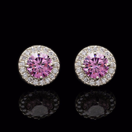 1.30CTW CZ Pink Tourmaline 14K White Gold Halo Stud Earrings 9mm