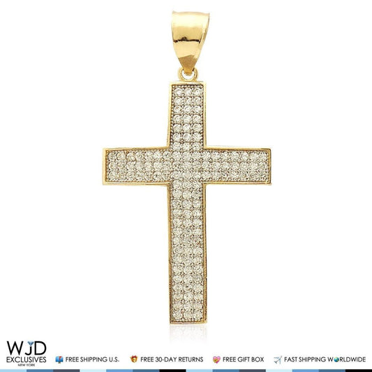 14k Yellow Gold 1.30Ct CZ Pave Cross Religious Charm Pendant