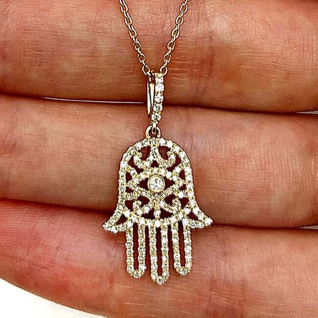 0.56CTW Real Diamond 14K Real Gold Hamsa Pendant Necklace 16"