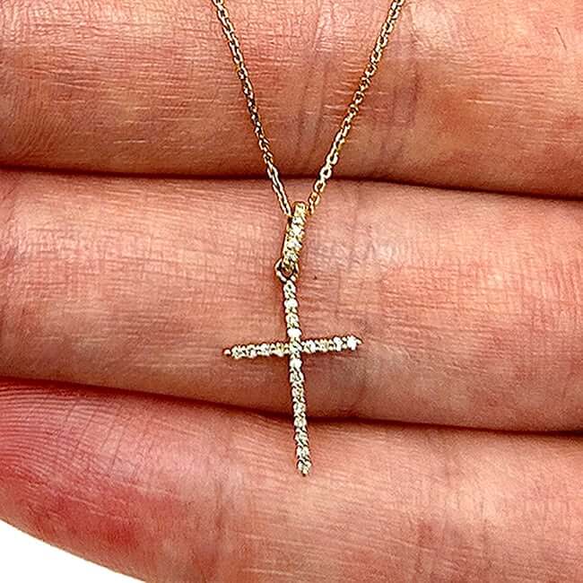 0.08CTW Real Diamond 14K Real Gold Cross Pendant Necklace 16"