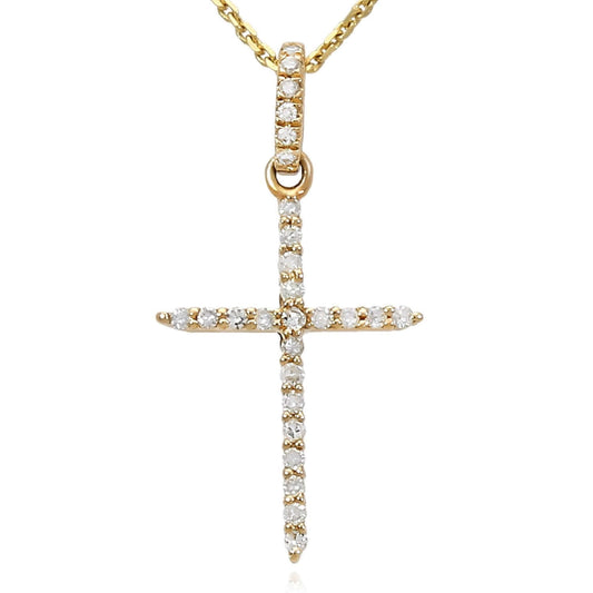 0.08CTW Natural Diamond 14K Yellow Gold Cross Necklace (Solid Links) 16"