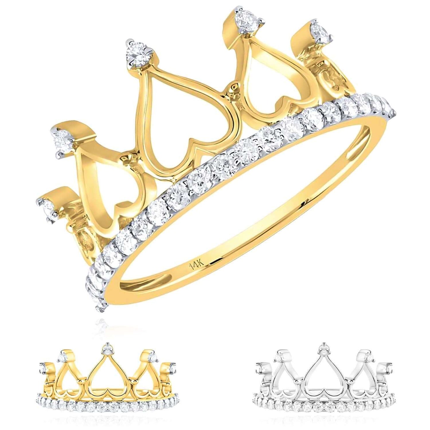 0.33CTW Real Diamond 14K Real Gold Cocktail Band Hearts Crown Ring