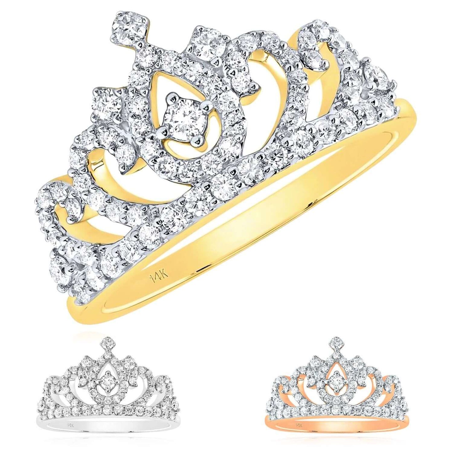 0.50CTW Real Diamond 14K Real Gold Yellow White Rose Crown Tiara Cocktail Ring