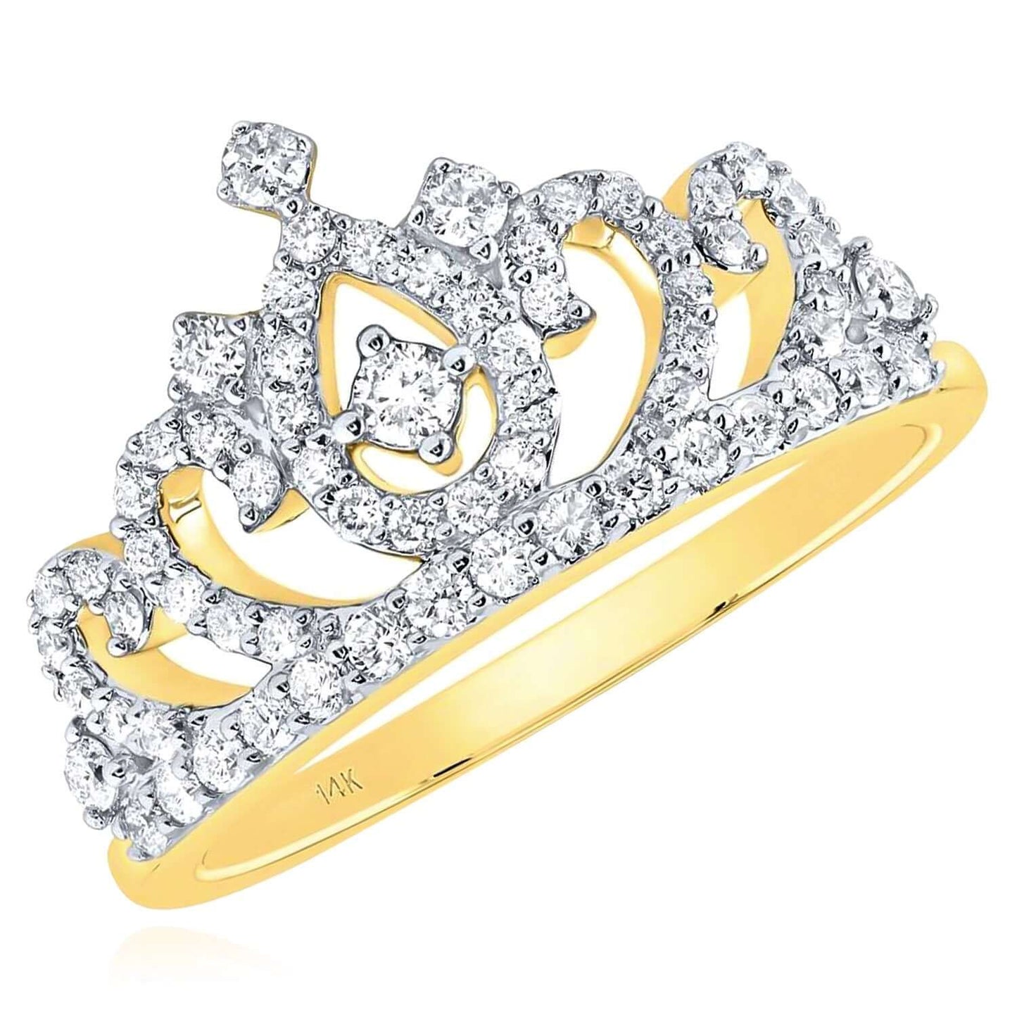 0.50CTW Real Diamond 14K Real Gold Yellow White Rose Crown Tiara Cocktail Ring