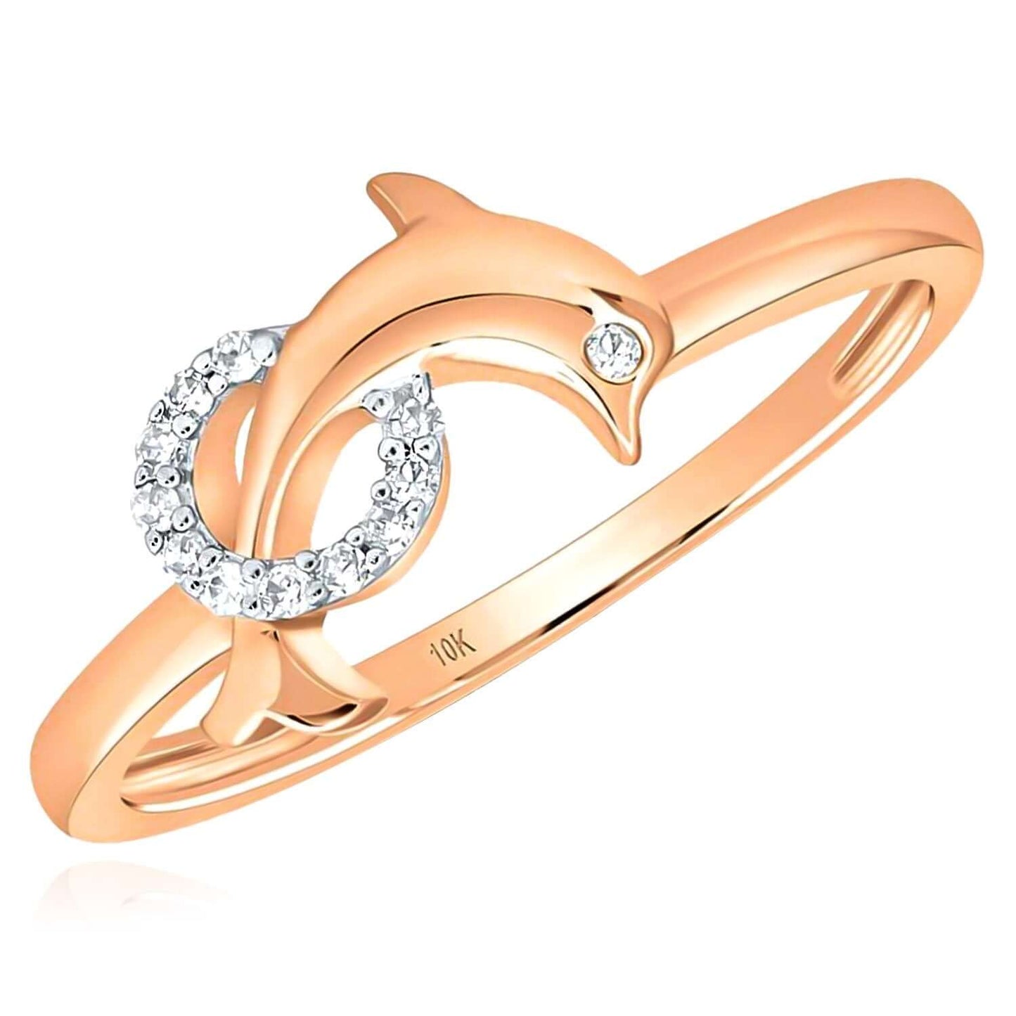 0.05CTW Real Diamond 10K Real Gold Yellow White Rose Hoop Dolphin Cocktail Ring