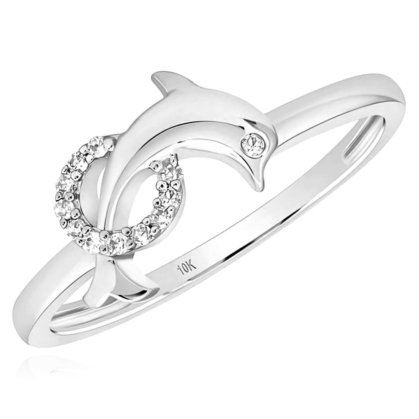 0.05CTW Real Diamond 10K Real Gold Yellow White Rose Hoop Dolphin Cocktail Ring