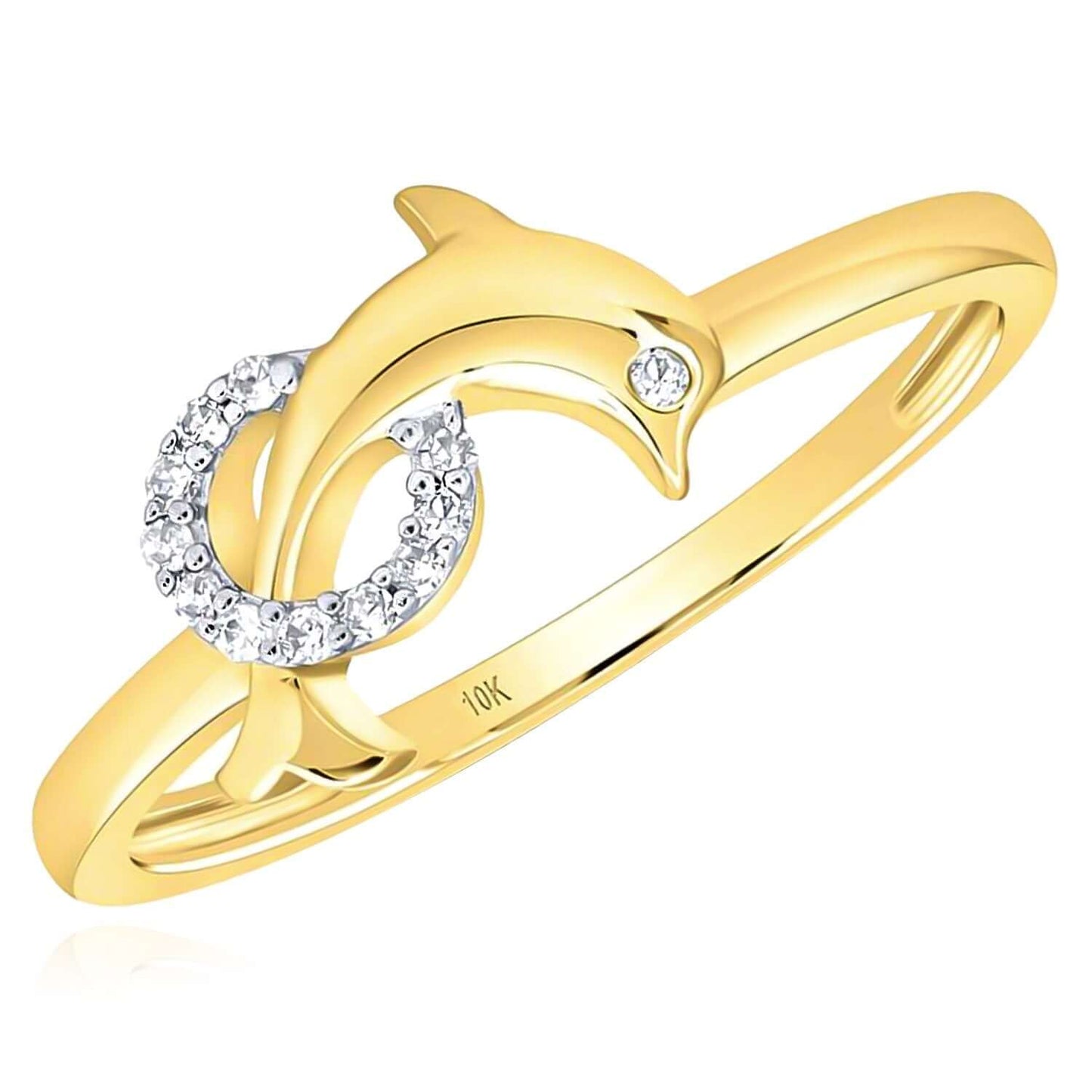 0.05CTW Real Diamond 10K Real Gold Yellow White Rose Hoop Dolphin Cocktail Ring