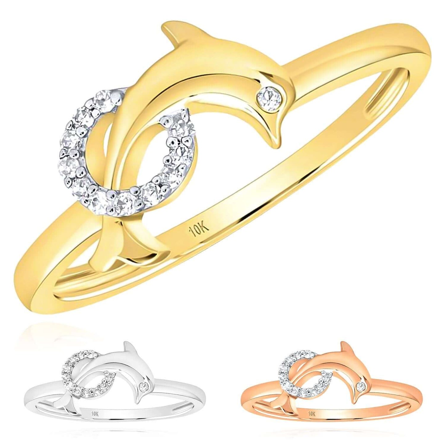 0.05CTW Real Diamond 10K Real Gold Yellow White Rose Hoop Dolphin Cocktail Ring