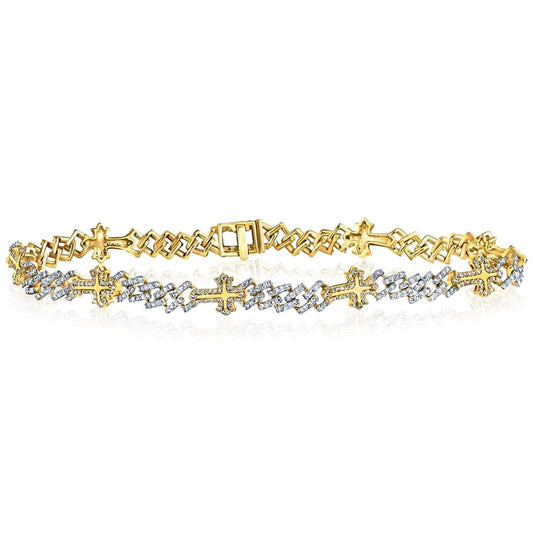 2.00CTW Natural Diamond 10K Yellow Gold Pave Cuban Cross Bracelet (Solid Links) 8"