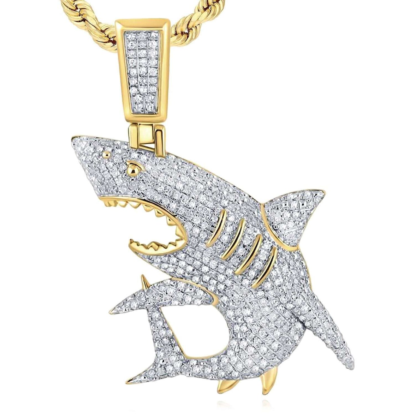 0.90CTW Real Diamond 10K Real Gold Shark Pendant 1.8"