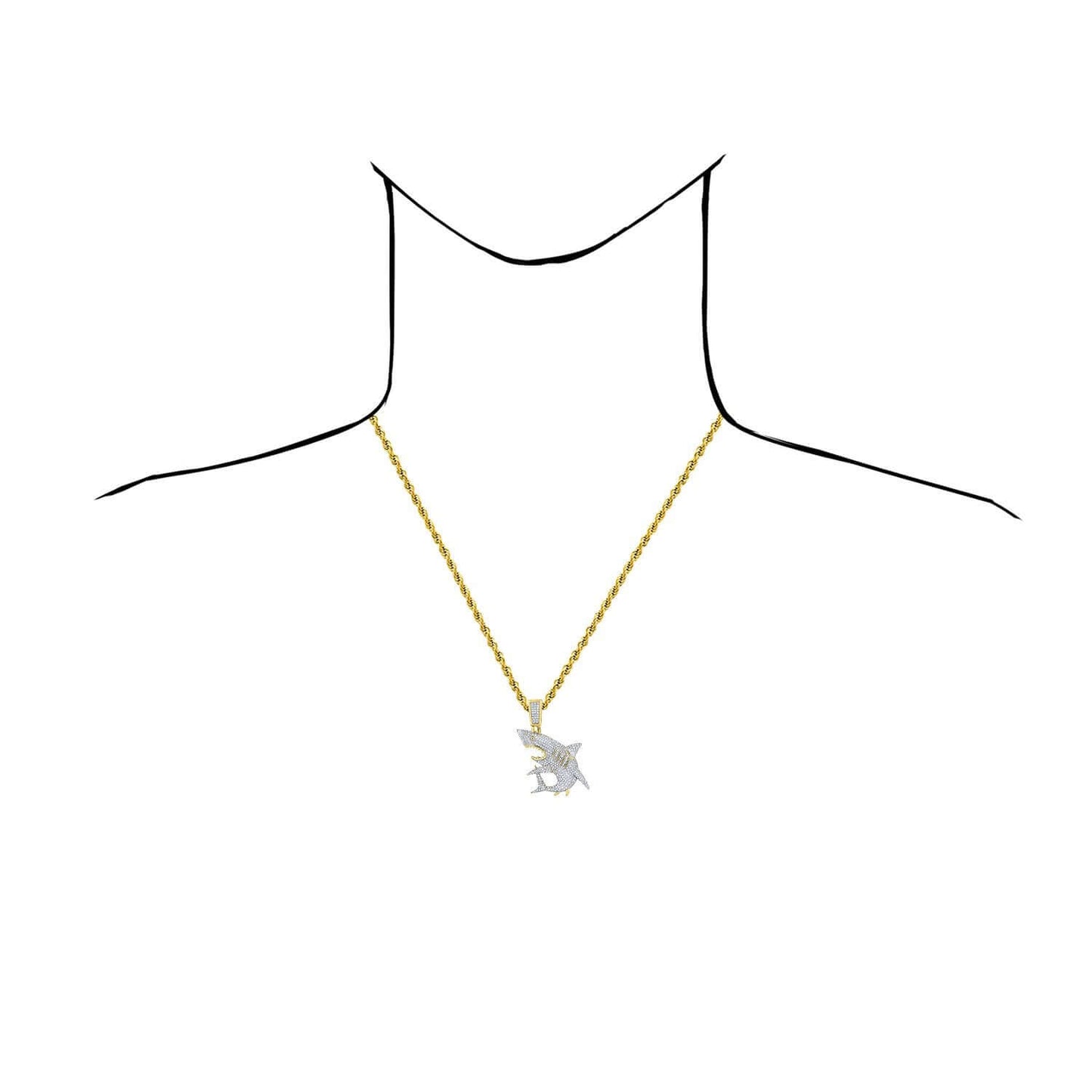 0.90CTW Real Diamond 10K Real Gold Shark Pendant 1.8"
