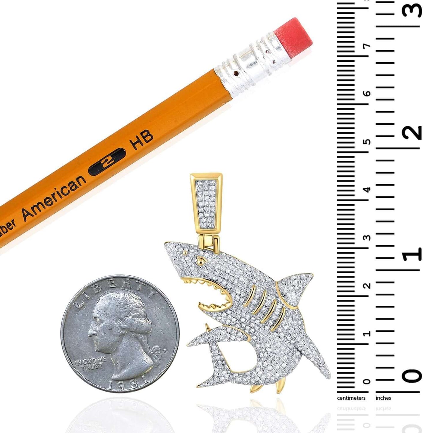 0.90CTW Real Diamond 10K Real Gold Shark Pendant 1.8"
