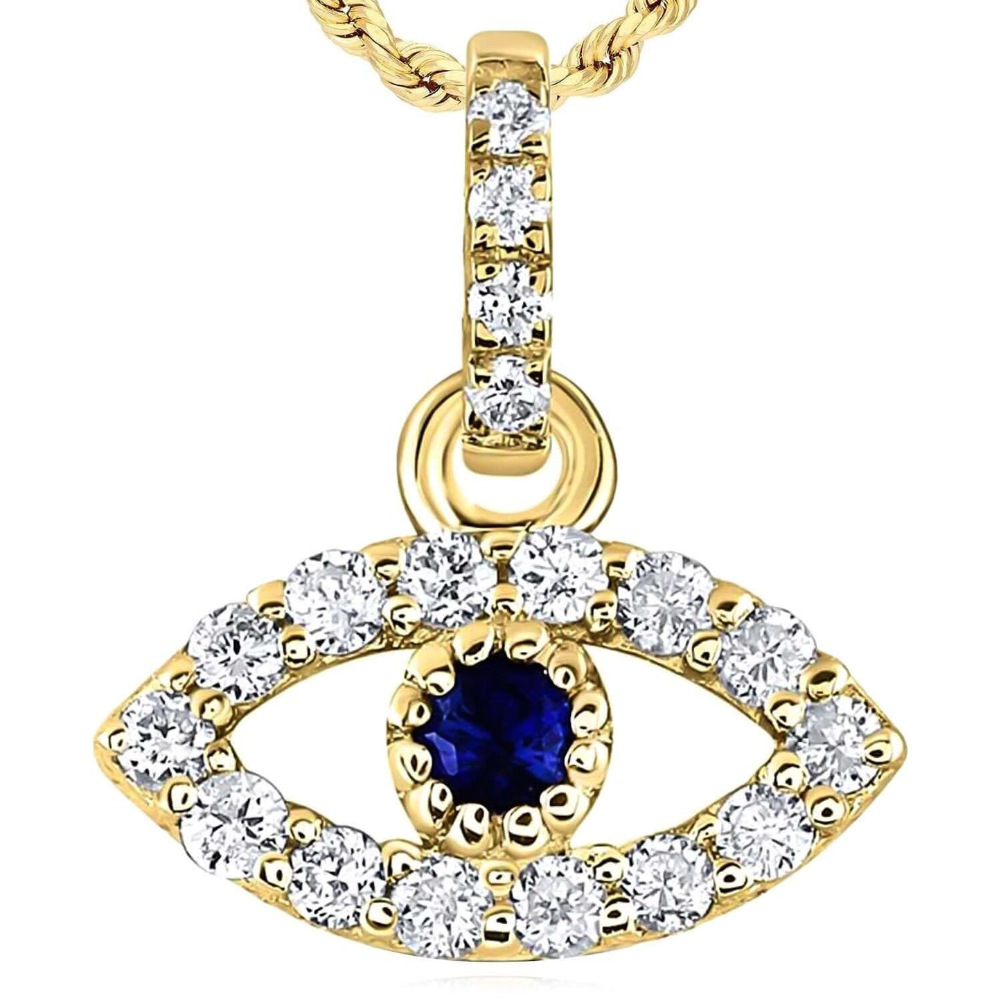 0.10CTW Real Diamond 14K Real Gold White Blue Sapphire Evil Eye Pendant 0.2"